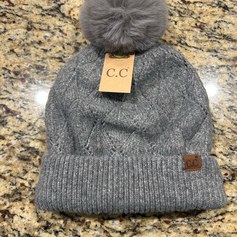 C.C. Charcoal Knit Beanie with Pom-Pom